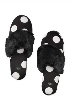 New Victoria's Secret Slippers Small 5 6 Black White Dot Satin Faux Fur